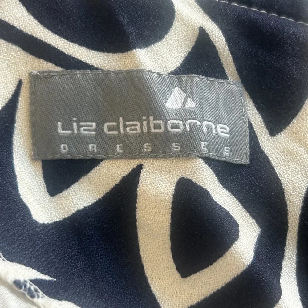 Liz Claiborne Vintage Navy Blue Geometric Scroll Classic Modest Sheath Dress - Picture 3 of 8